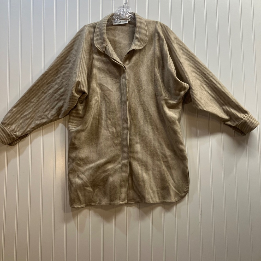 Mary Ann Restivo VTG 100% Wool Oversize Shacket Shirt Tan Stripe  Batwing FLAWED